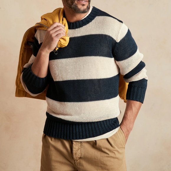 Banana Republic Linen Navy Stripe Crew Sweater - Picture 1 of 10